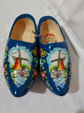 Vtg Wood Shoes Made In Holland Blue Clogs Hand Painted Windmill Size 28