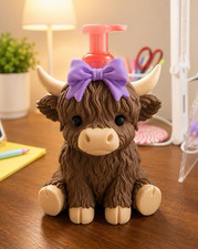 Brown Highland Cow Soap Holder with Purple Bow Ribbon Accent Cow Animal Figurine