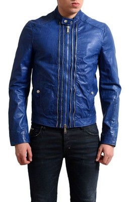 Dsquared2 Men's Blue Full Zip 100% Leather Motorcycle Jacket US S IT 48