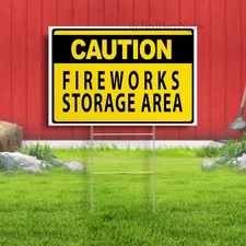 Caution Fireworks Storage Area Indoor Outdoor Yard Sign with metal stakes