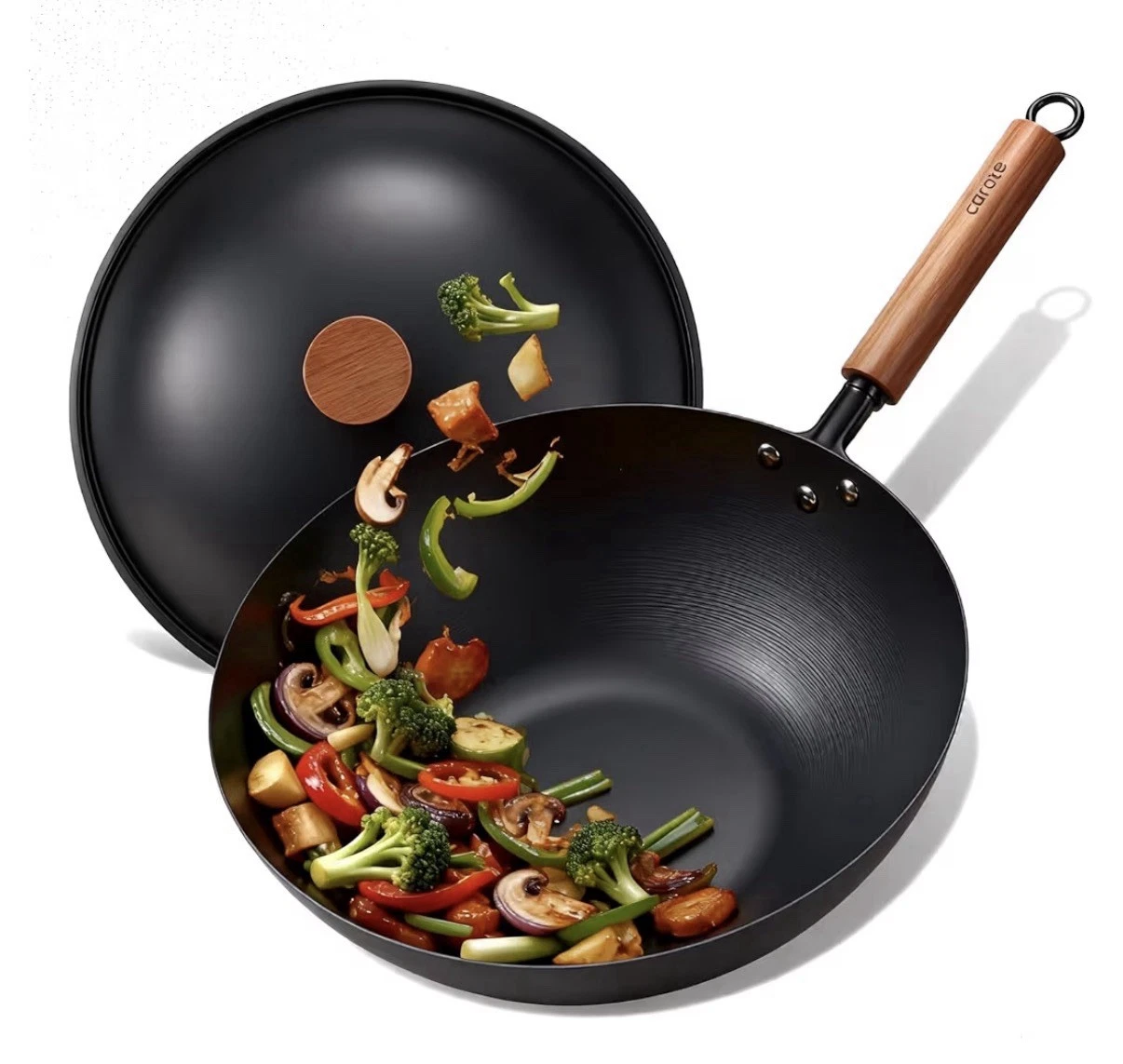 CAROTE 12" Carbon Steel Wok Pan 4.5QT Woks & Stir-fry Pans Nonstick