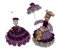 Vintage Handmade Purple Beaded Safety Pin Victorian Lady Doll Figure Set Of 2 PO