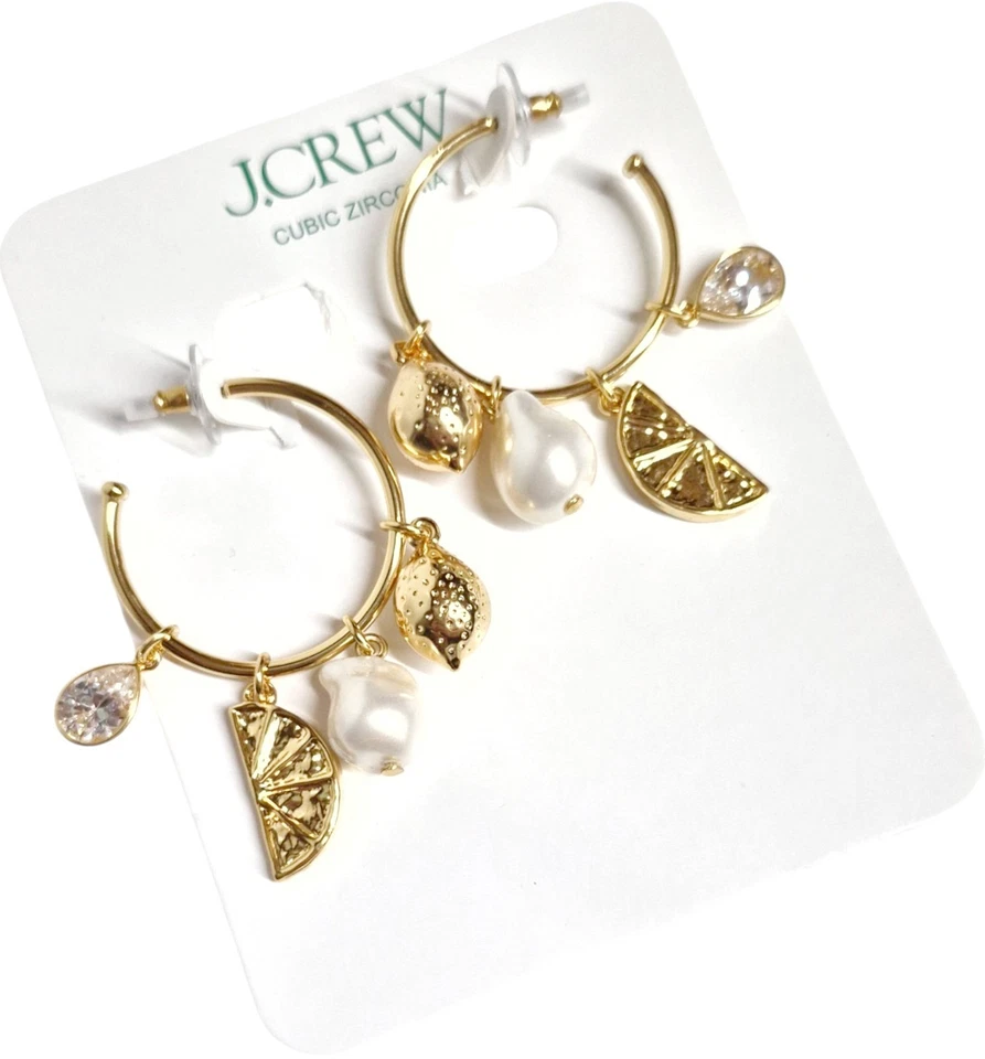 Pendientes de aro con dije de limón náutico J.Crew chapados en oro mate brillante CL125 nuevos Foto 4 de 4