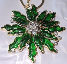 Beautiful Green Crystals Rhinestones Goldtone Flower Purse Bag Charm Keychain