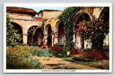Mission San Juan Capistrano CA Linen Postcard Corner of Patio Ivy Columns