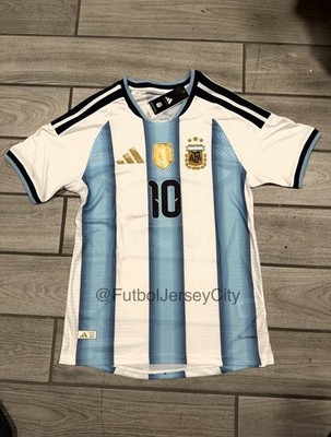 Argentina Messi #10 Home Soccer Jersey Gold Patch Blue White Player edition