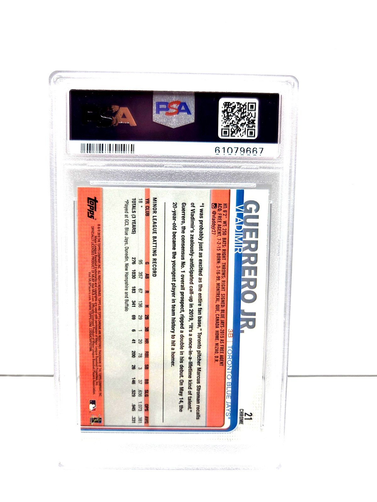 2019 Topps Chrome Update VLADIMIR GUERRERO JR RC Rookie Baseball Card PSA 9 MINT view 2