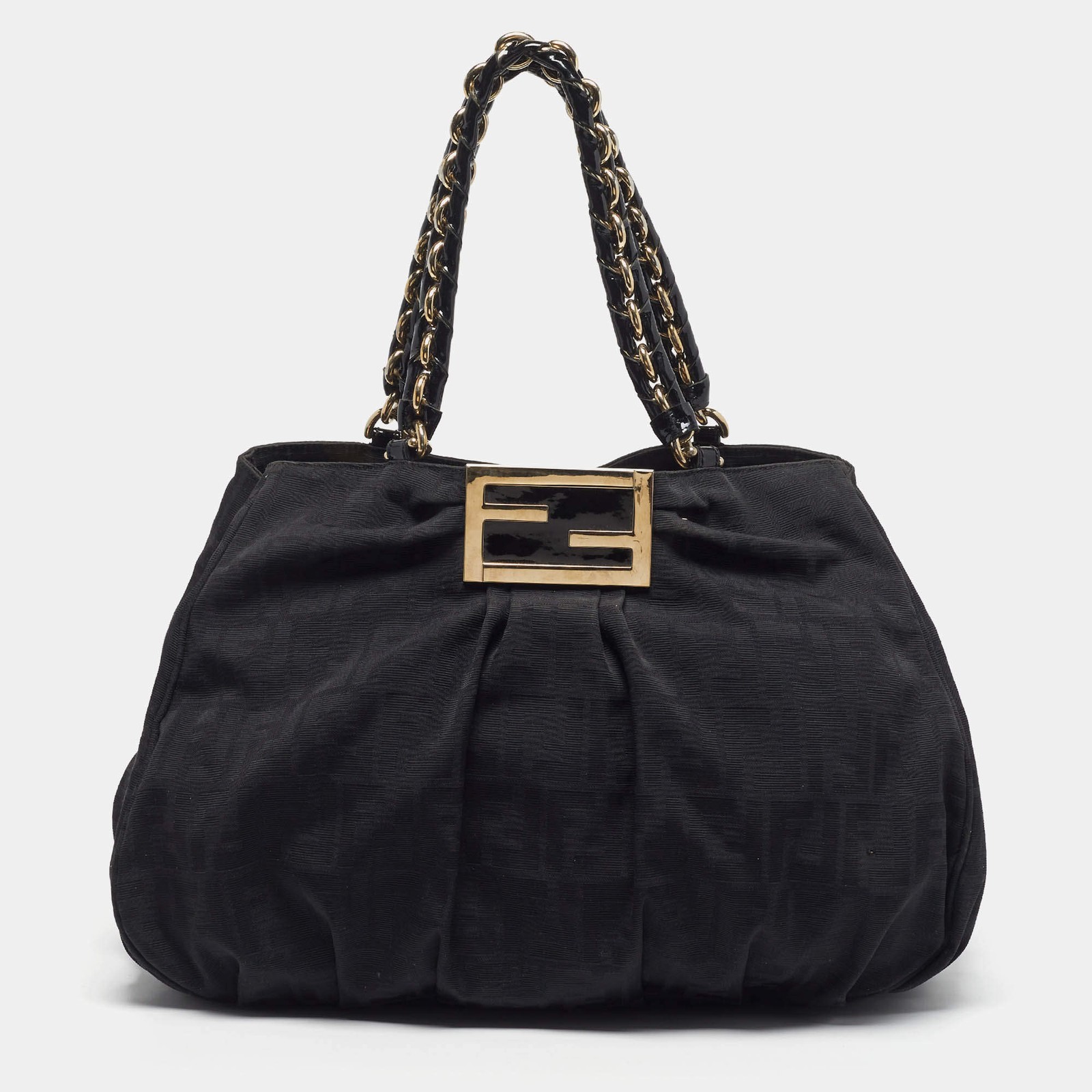 Fendi Mia Large Black Zucca Fabric and Leather Patent Leather Shoulder Bag