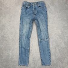 We The Free Free People High Rise Skinny Jeans Blue Distressed Raw Hem Size 29