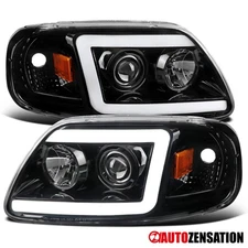 Fit 1997-2003 Ford F150 Slick Black LED Bar Projector Headlights Lamps 97-03