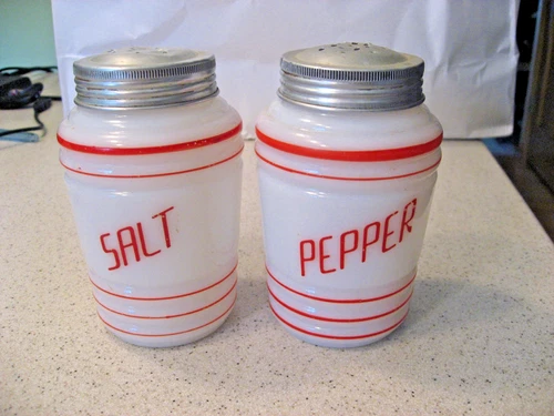 Vtg Hazel Atlas White Milk Glass Red Letters Salt and Pepper Shakers about 4.5"T