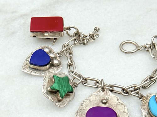 Vintage Navajo JOAN SLIFKA Style 7 Charm Bracelet Hearts 3D Sterling Silver - Picture 3 of 5