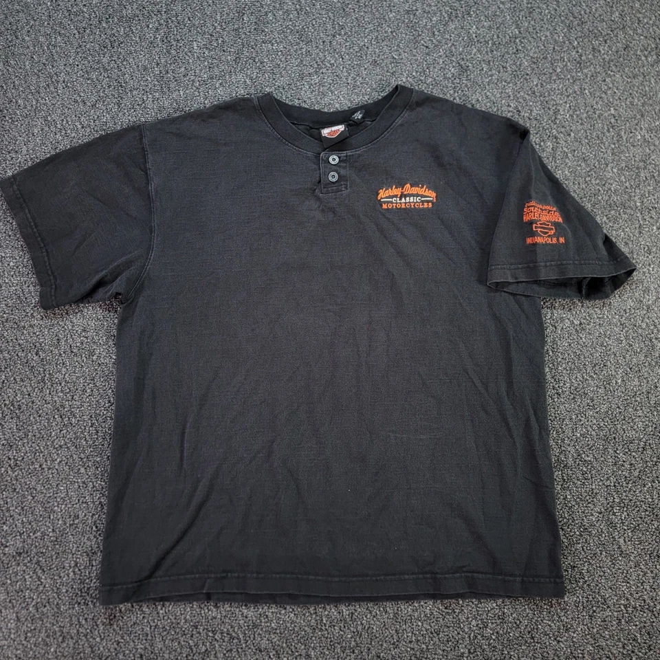 VTG Harley Davidson Shirt Men XL Black Henley Faded Southside Indianapolis Y2K - Image 2 of 4