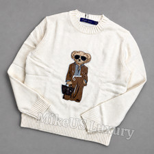 POLO PALPH LAUREN Bear White Crewneck Sweater Brown Suit Women  s Large NWT