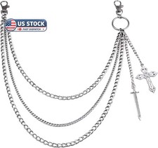Punk Layered Pants Chain for Men Women Vintage Silver Jean Chains with Cross Pen