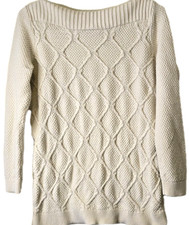 LOFT Ann Taylor Ivory Sweater Women s Sz MP Cable Knit Cotton 3/4 Slv Fisherman