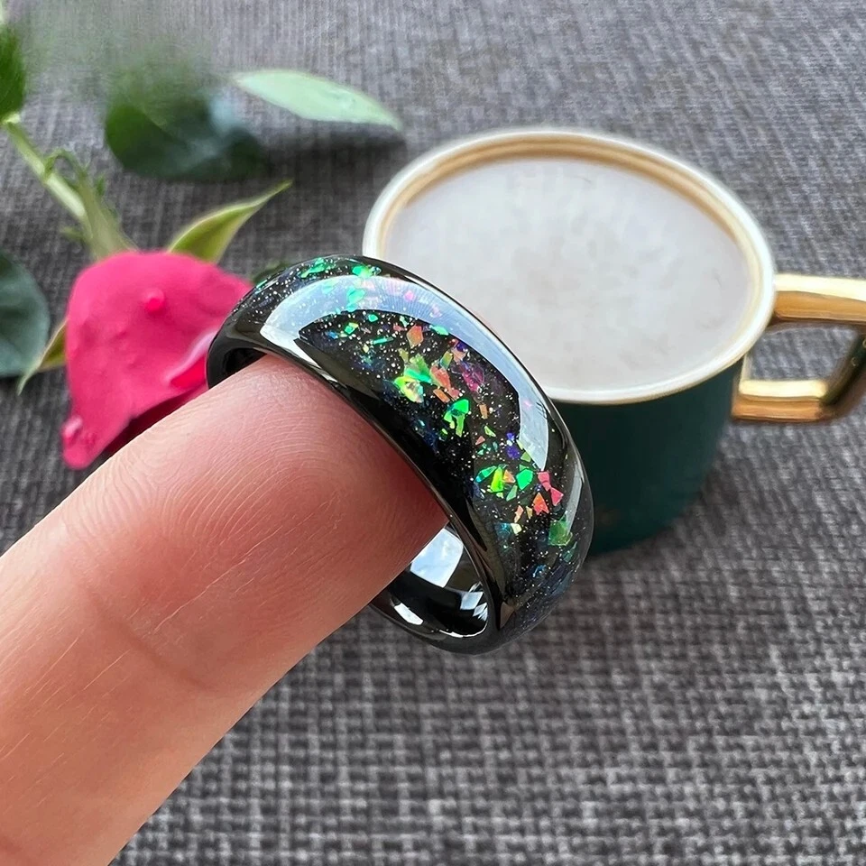 Anillo de carburo de tungsteno de 8 mm para hombres y mujeres colorido anillo con incrustación de fragmento de ópalo Foto 3 de 4