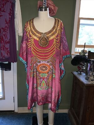 Rima Women's Pink Rhinestone Boho Beach Coverup Short Kaftan EUC Sz XL  One Size