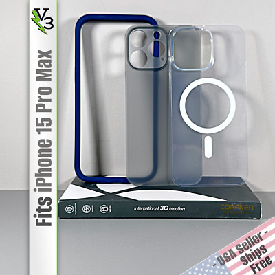 Case for iPhone 15 Pro Max - Blue Bumper | 2-in-1 Clear & Frosted Back | Coffker
