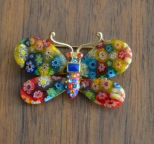 RARE Vtg Sweet Romance USA Murano BUTTERFLY Flower Brooch 2" w x 1" h Gold Tone