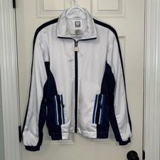 Vintage Wilson Women's White Blue Zip Up Warm Up Jacket Sz Large Tennis Sporty