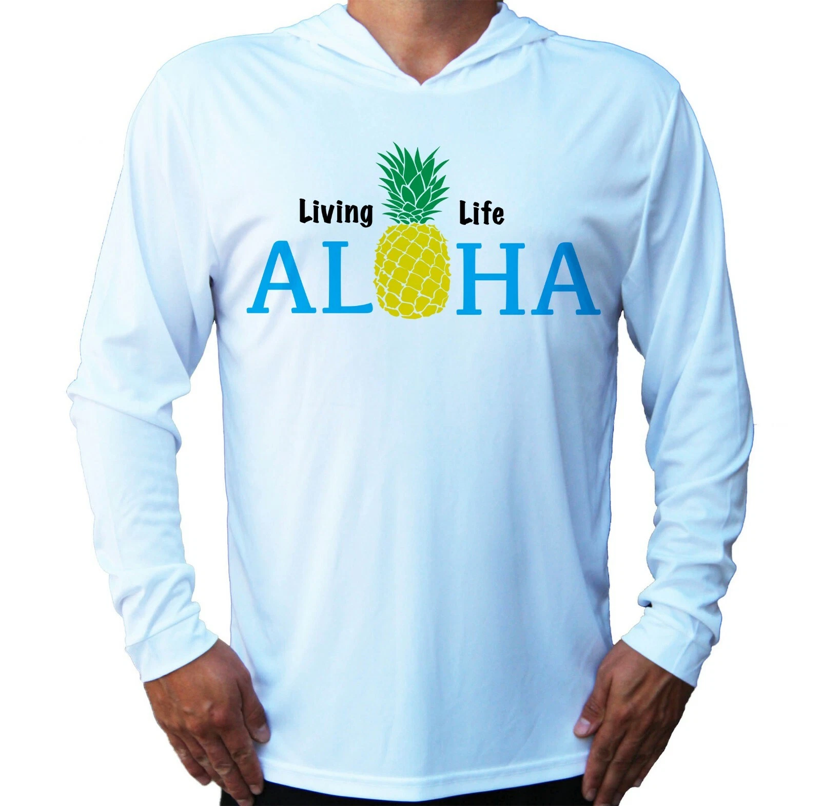 Living Life Aloha Pineapple Hawaii Sun UV Protected UPF 50 Long Sleeve Hood