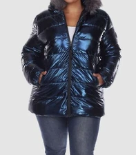 White Mark Womens Blue Hooded Metallic Puffer Coat Jacket Plus Size 2XL