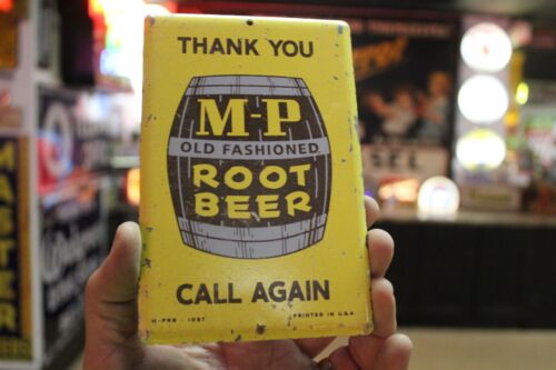 RARE 1950s CALL AGAIN M-P ROOT BEER STAMPED PAINTED METAL DOOR SIGN SODA POP 7UP