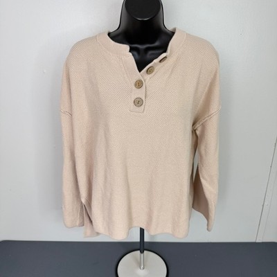 Lillusory Sweater Womens Medium Henley Waffle Knit Oversized LS055-A06 Beige