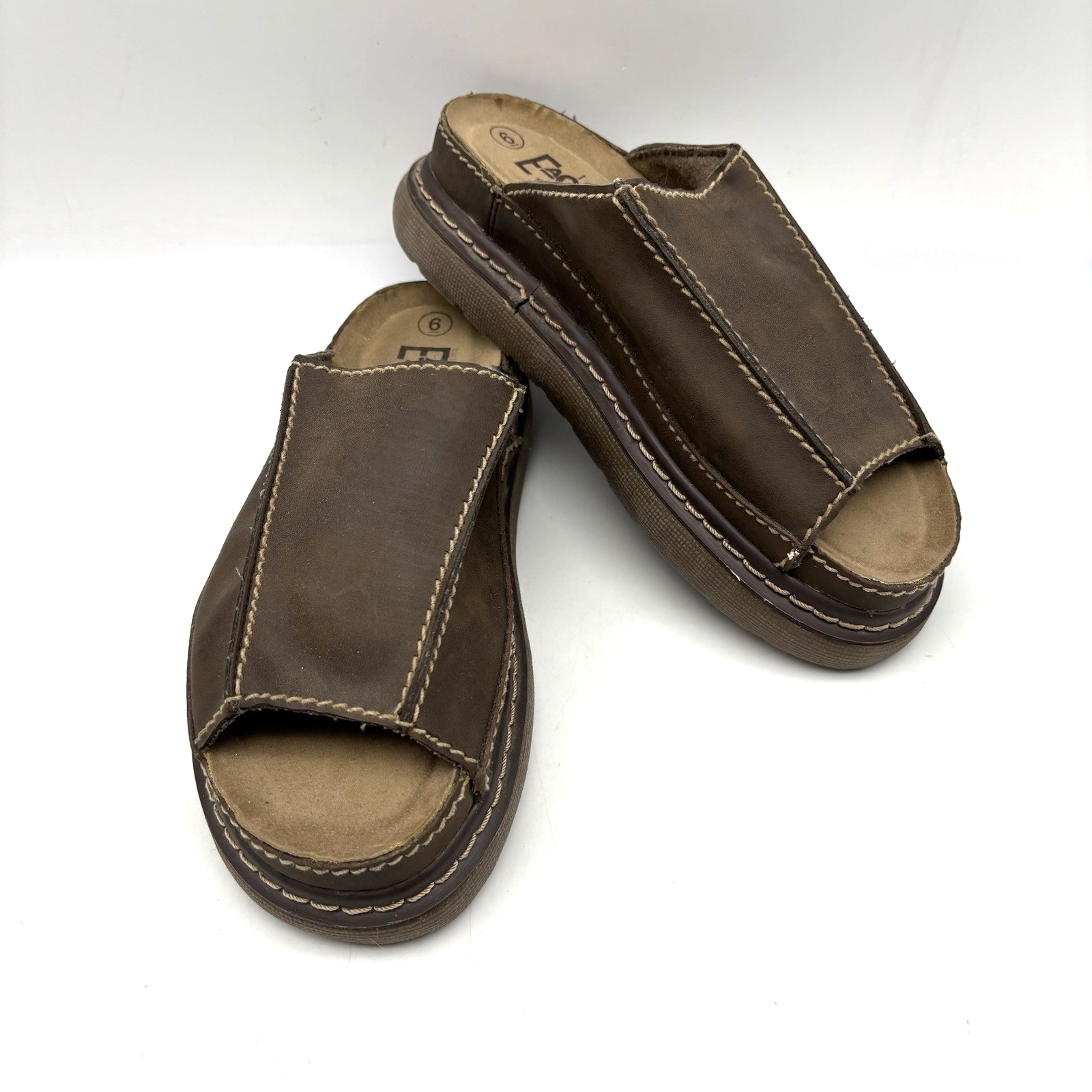 Vintage 90s Lower East Side Brown Faux Leather Chunky Platform Slide Sandals 6