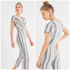 Urban Outfitters UO Karen Surplice V-Neck Linen Blend Stripe Jumpsuit S