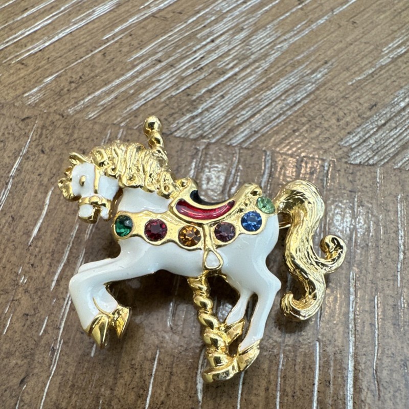 Gold Tone Carousel Horse Brooch Pin with Multicolored Rhinestones, Metal