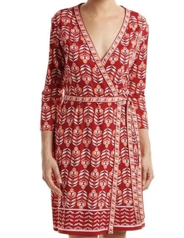 max studio red wrap dress Max Studio Wrap Dress Small Red Orange Print V Neck Tie Waist Knee Length