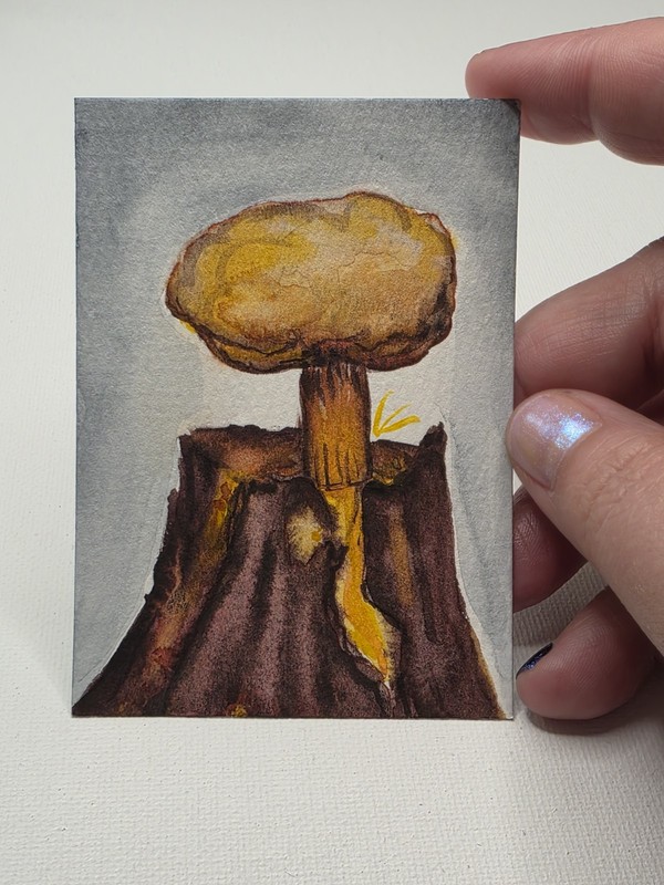 ACEO Art Card Original Hand-Painted Watercolor, Volcano Eruption, Yellow Lava