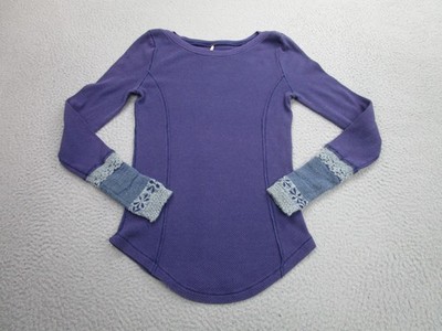 Free People Shirt Womens M Waffle Knit Thermal Lace Cuffs Boho 