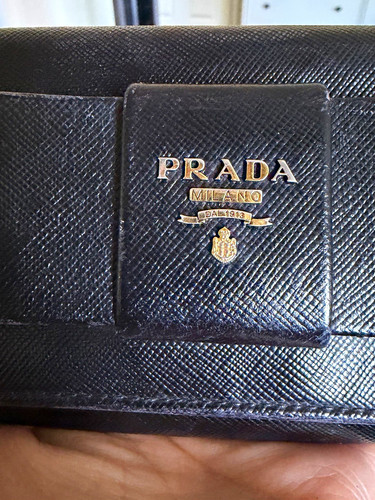 PRADA Milano Black Long Wallet Bow Logo Gold-Tone Zip Pocket Pink Interior
