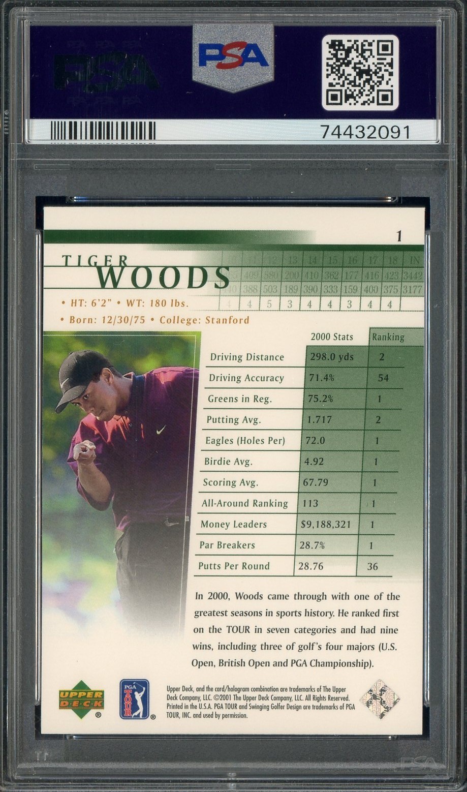 2001 Upper Deck Golf #1 Tiger Woods RC Rookie PSA 10 GEM MINT view 2
