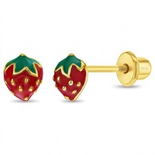 Strawberry Toddler / Kids Earrings Screw Back - Gold Plated Sterling Silver