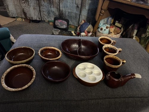 Marcrest Divided Dish, 4 Hull Brown Bowls, 3 Mugs, Escargot Dish, Cigar Ash Tray