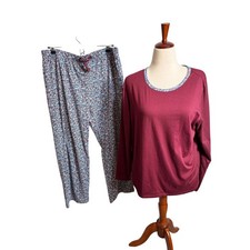 Lands' End sleep set maroon long sleeve top  floral pull on pants stretch Sz L