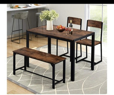Industrial 4-Piece Dining Table Set 110x70cm 2 Chairs & Bench Brown/Black