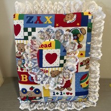 Vtg Baby Teddy Bear Fabric Baby Photo Album Piping Plush Blocks 3 Ring Binder