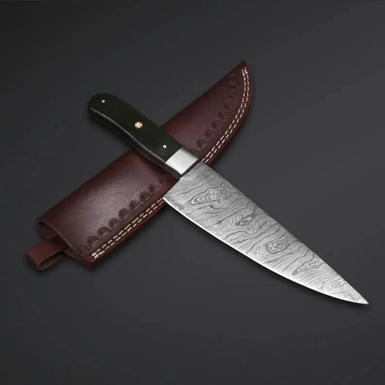 Handmade Damascus Steel Chef Knife | Personalized 13" Kitchen Knife with Leather