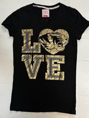 Victoria's Secret Pink Missouri Tigers Gold LOVE Shirt Rhinestones + Dog Emblem