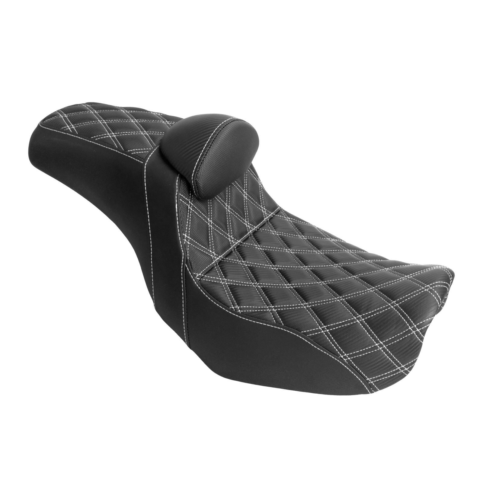 White Lattice Step-Up Stitch Black Seat w/Driver Backrest For Harley Dyna 06-17