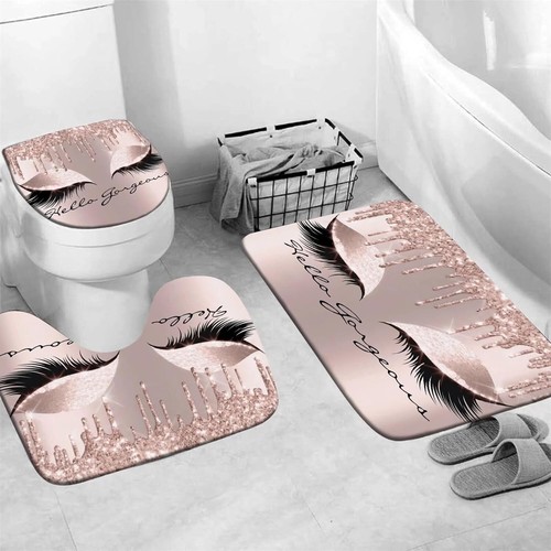4PCS Pretty Eyelash Shower Curtain Set Hello Gorgeous Bathroom Decor Set Pink Ro - Picture 4 of 6