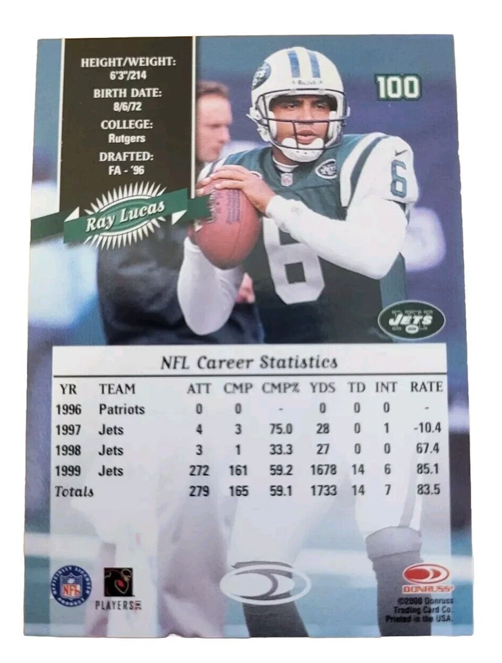 2000 Donruss Football Card #100 Ray Lucas NFL New York Jets (A2 - Image 2 of 4