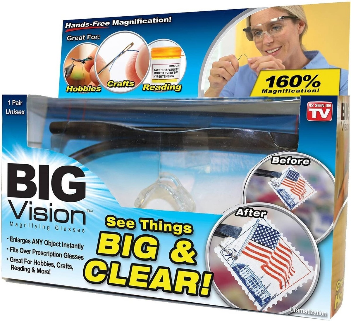 New in Box Big Vision Unisex Magnifying Glasses Fits over