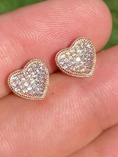 14k Rose Gold Plated Real 925 Silver Heart Shaped Earrings Icy CZ Studs Aretes