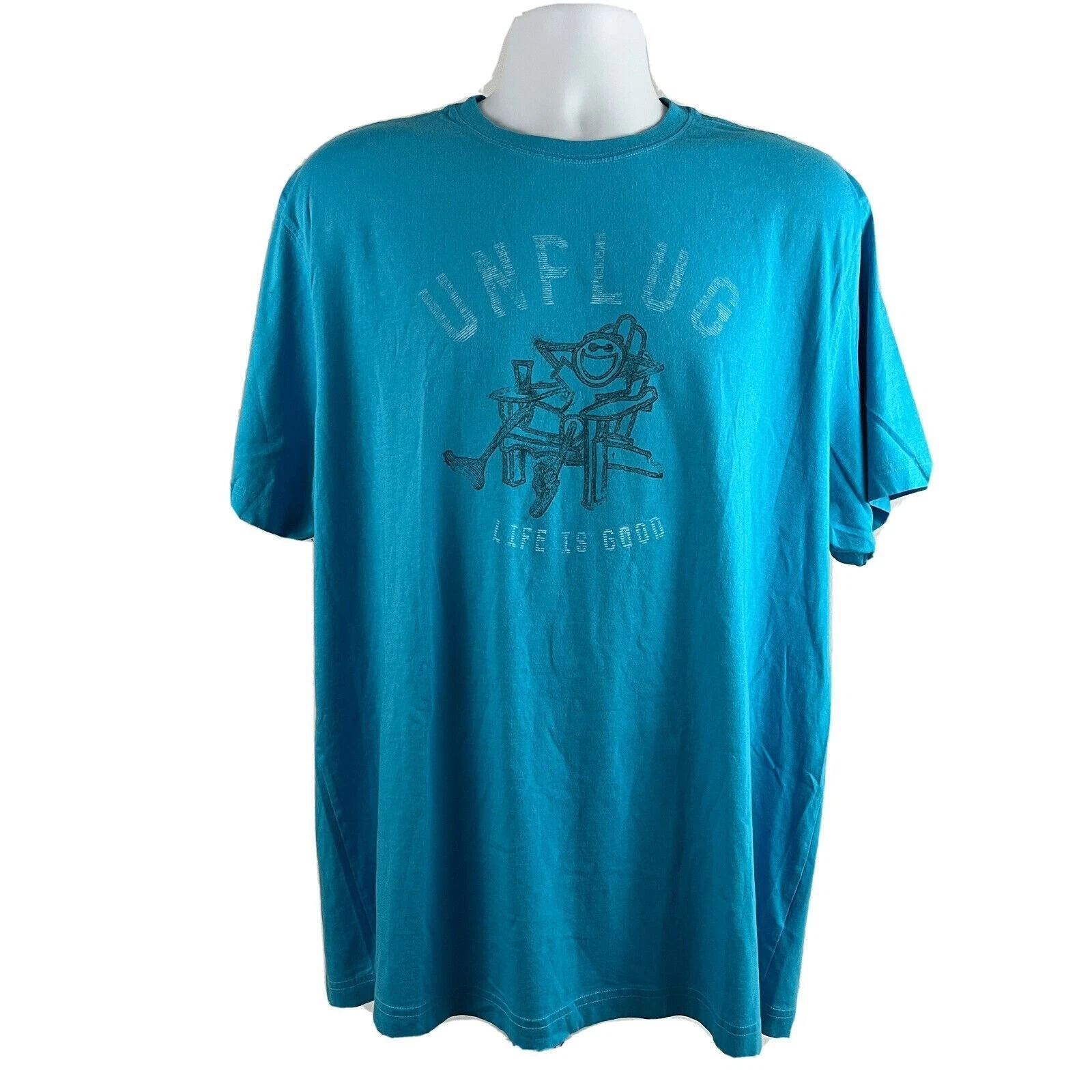 Life Is Good Unplug Men’s T-Shirt Blue Size XL Beach Chair Relax Camping